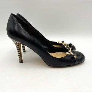 Kate Spade Black Leather Pumps Cap Toe Bowtie Detail 4" Stripped Heel